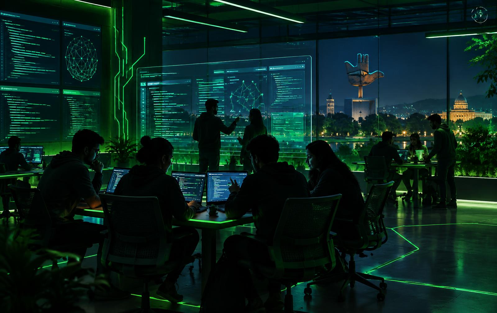 Hackers collaborating in a terminal-inspired green-lit innovation lab